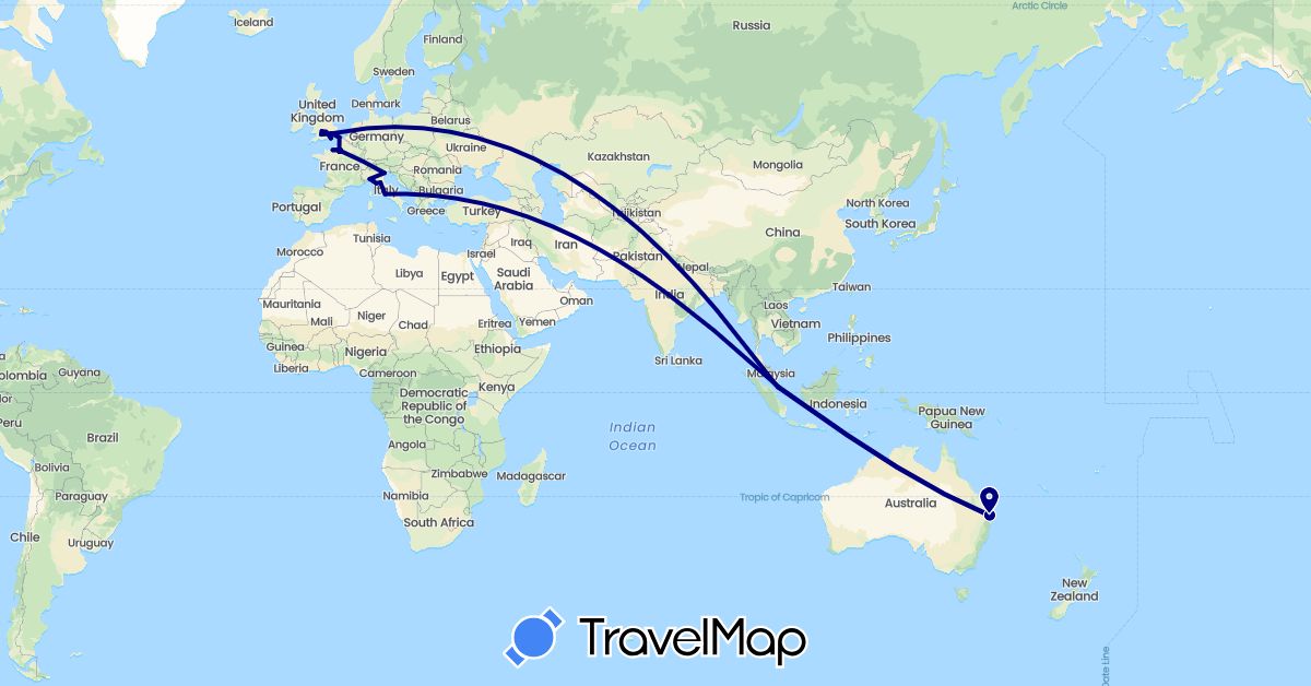 TravelMap itinerary: driving in Australia, France, United Kingdom, Italy, Singapore (Asia, Europe, Oceania)